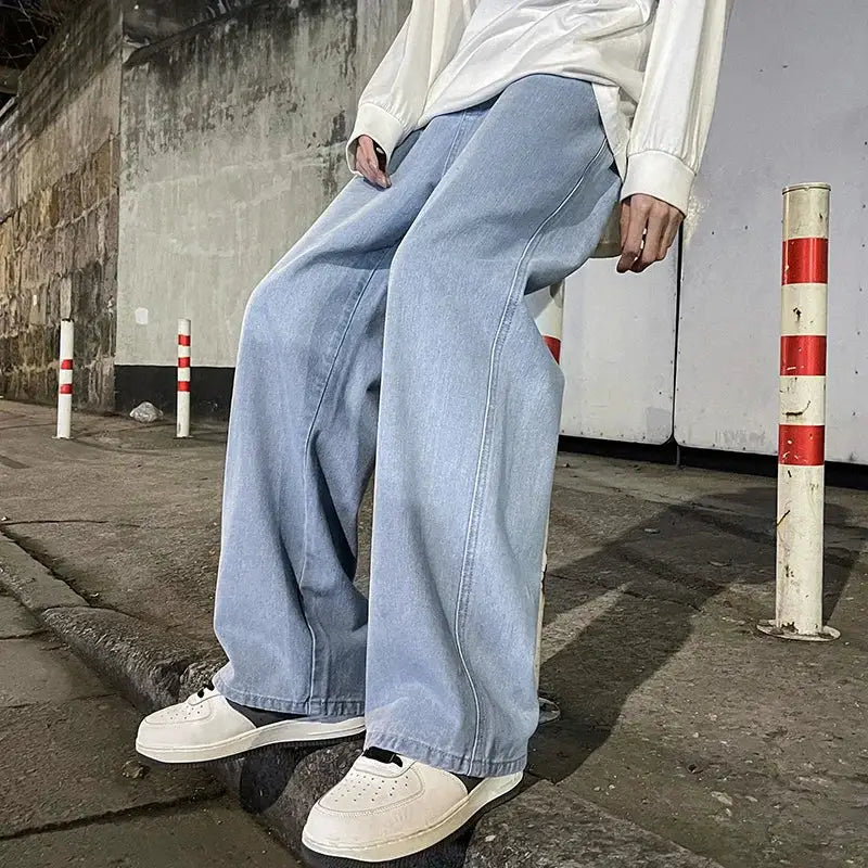 Brand Clothing Streetwear Loose Jeans For Men Korean Style Wide Leg Pants Breathable Cotton Poly Blend