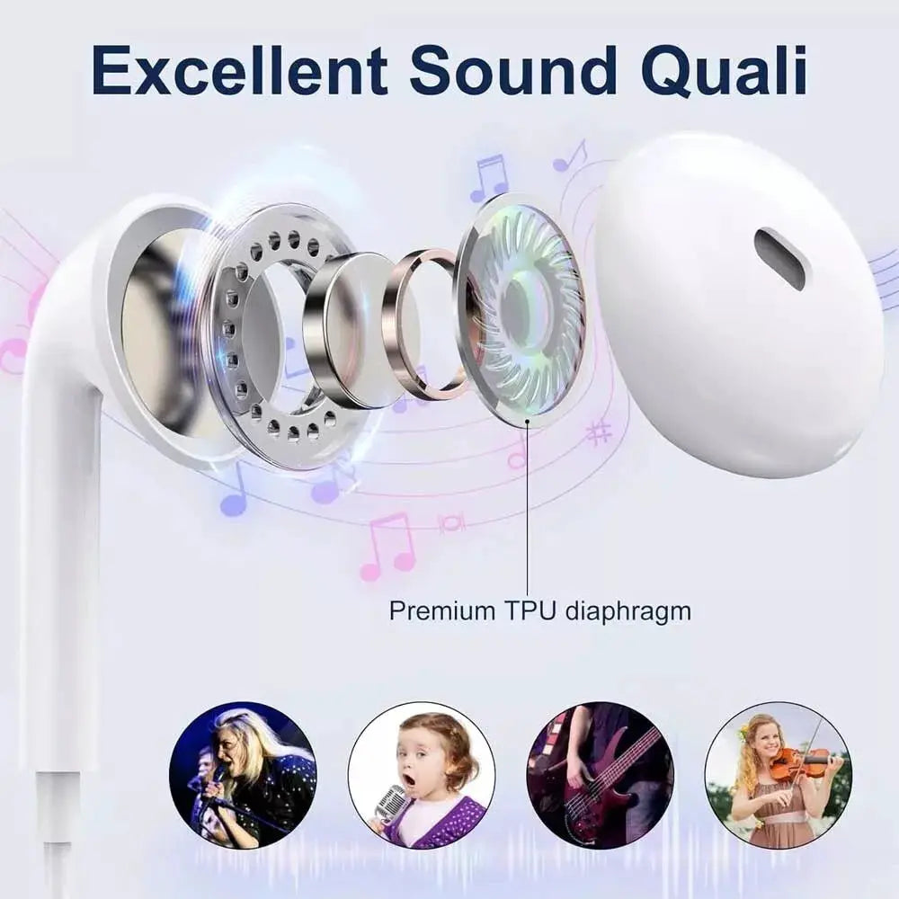 Headphones, white 3.5mm wired stereo with premium TPU diaphragm.