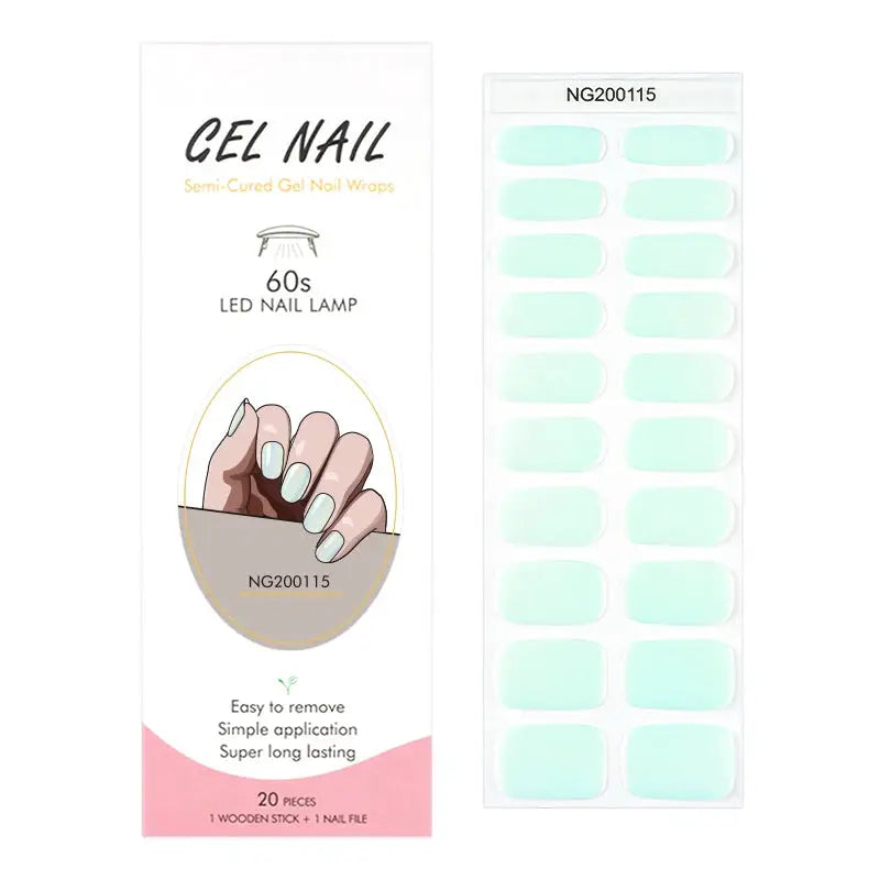Gel nail wraps set by Simples Market, mint green semi-cured full-cover stickers, 20 pieces
