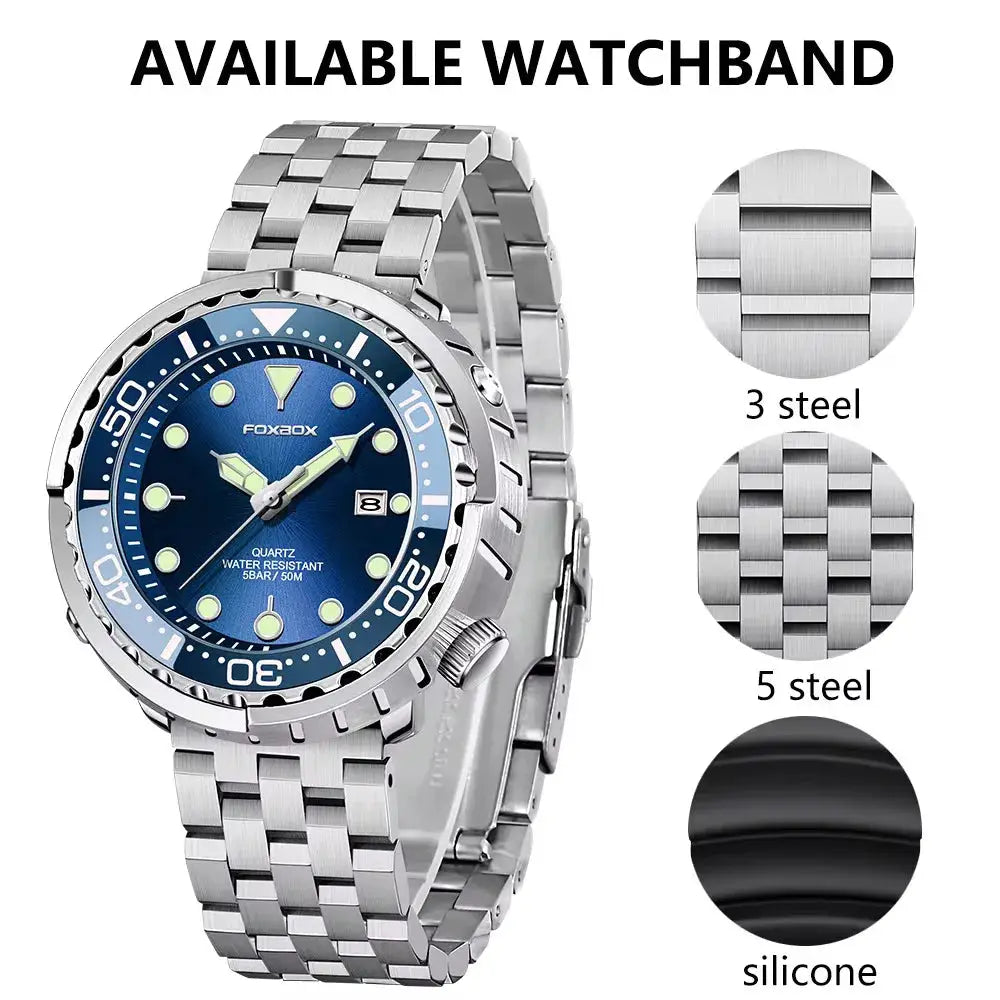 FOXBOXE quartz men's wristwatch with blue dial, steel bezel, stainless steel band; 5ATM water resistant