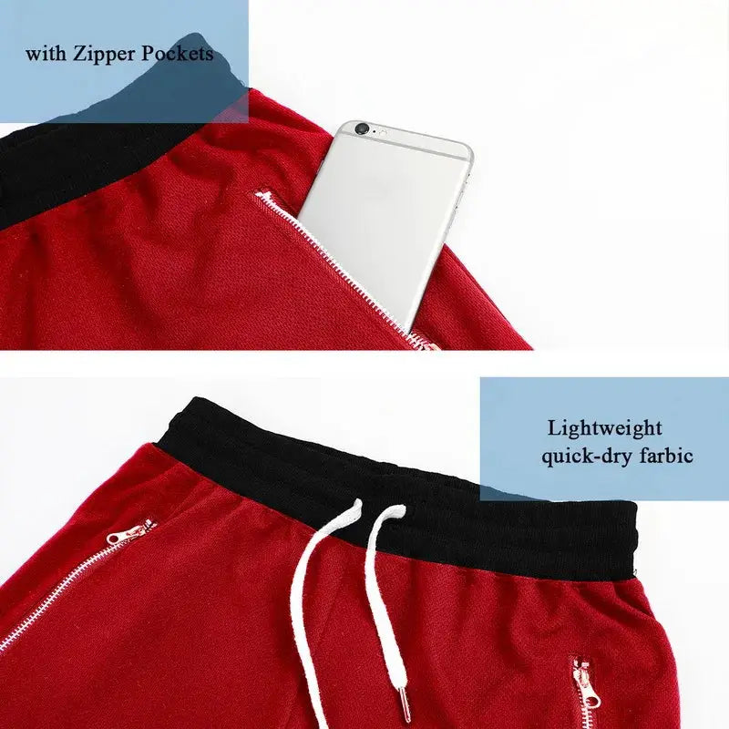 Men's red basketball shorts by Simples Market with black waistband, white drawstrings, zip pockets, quick-dry mesh