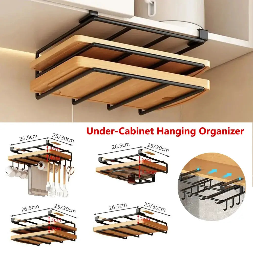 KitchenZen Under Cabinet Hanging Organizer Rack For Kitchen Storage Ideal For Cutting Boards Paper Towels Rags And More