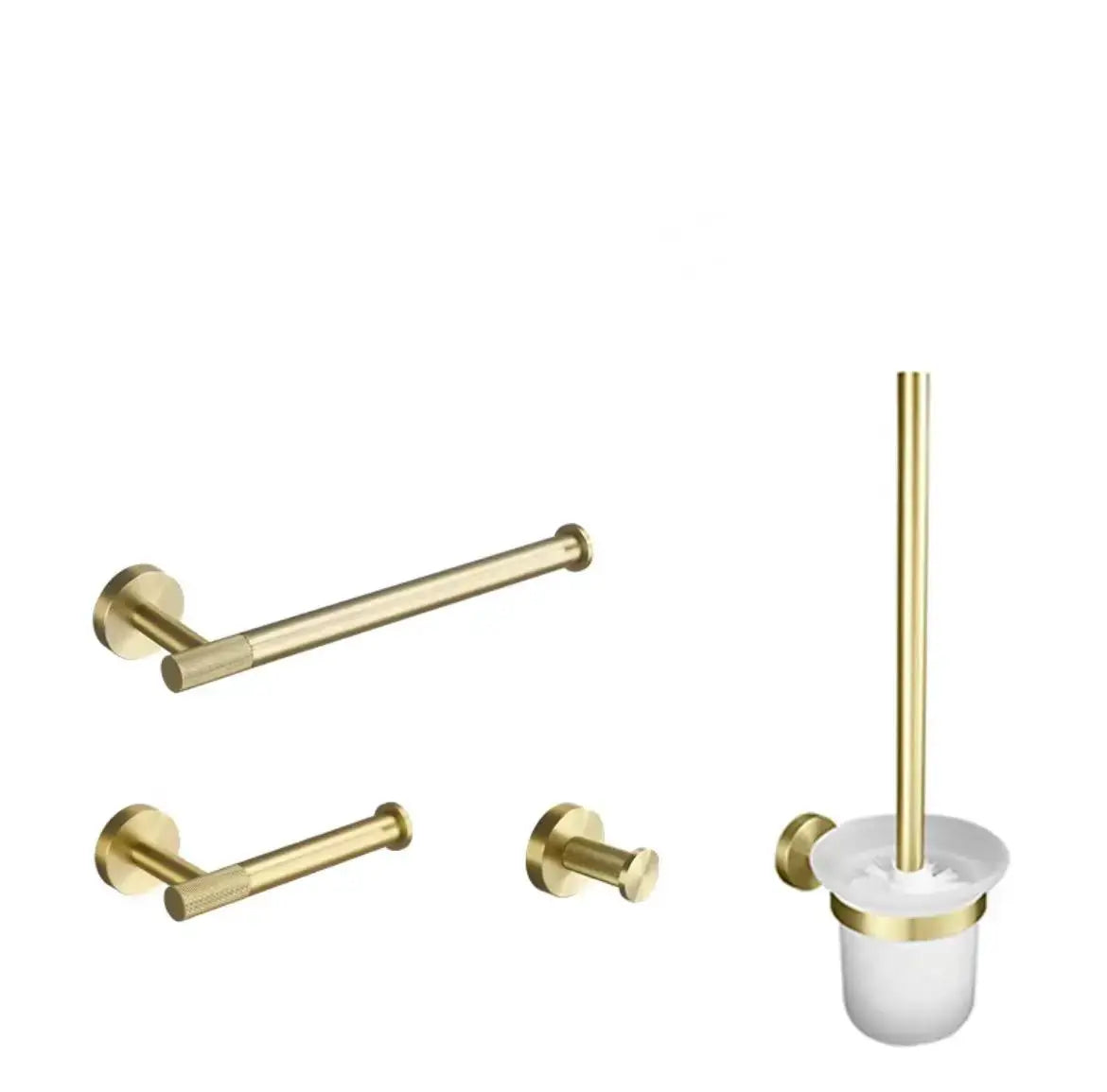 Simples Market brushed gold brass 5pc bathroom hardware set with towel bar, towel ring, robe hook, paper holder, toilet brush
