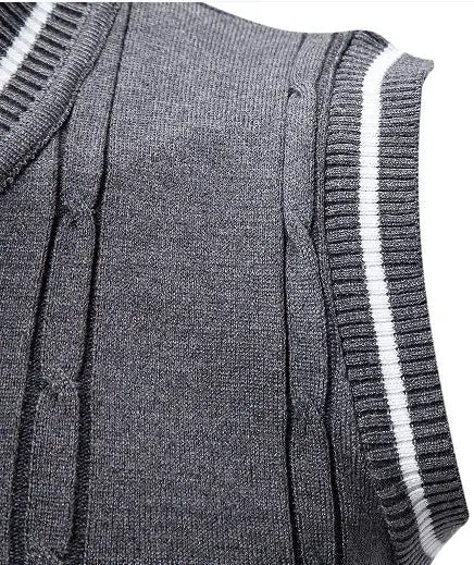 Men's gray knit V-neck sleeveless vest with textured fabric