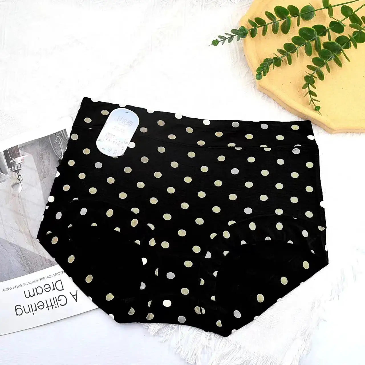 Simples Market large-size black polka-dot high-waist boyshorts panties with cotton crotch