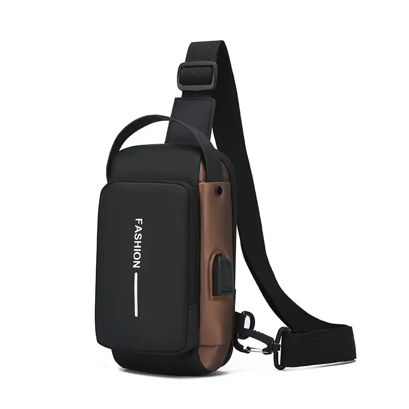 Men's anti-theft chest bag with USB charging, black with brown side panel and adjustable crossbody strap