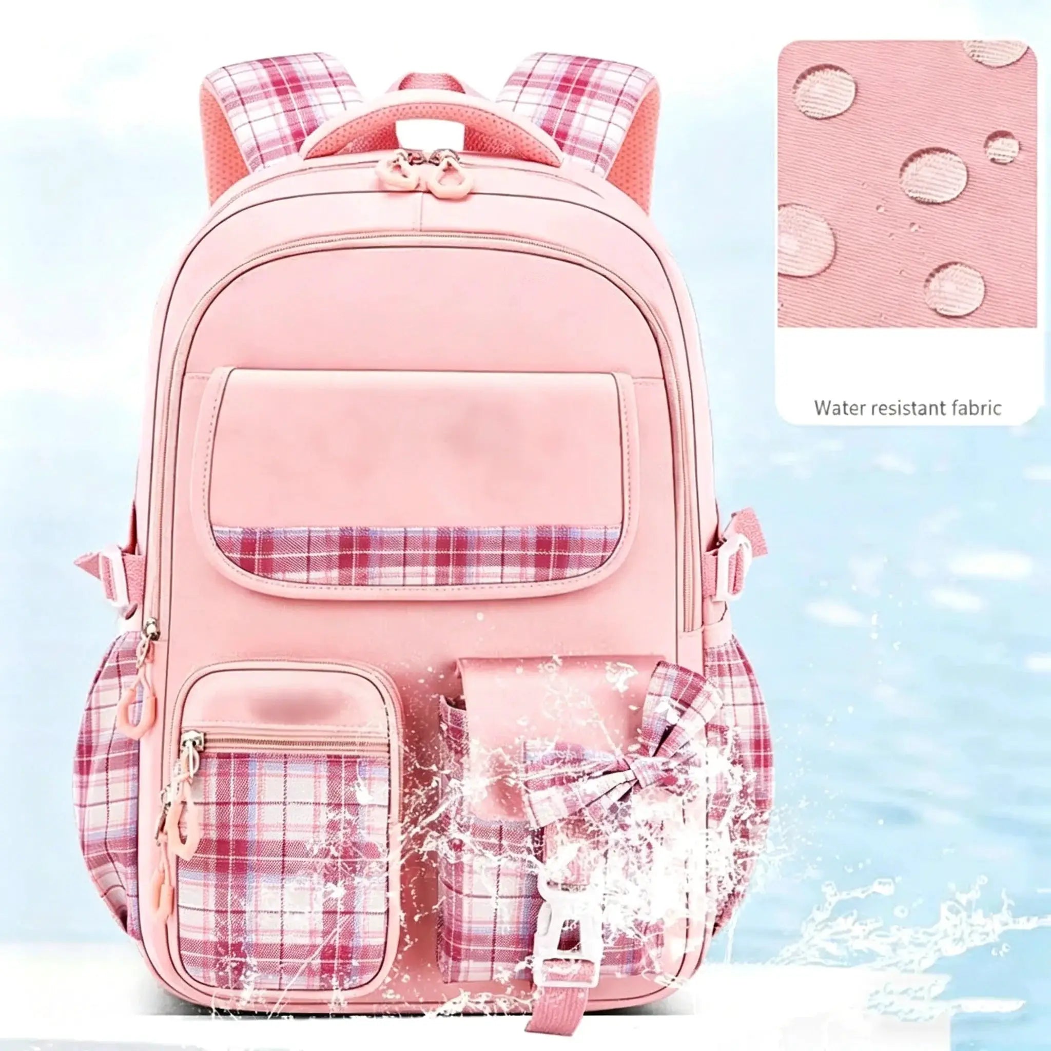 Simples Market pink girls’ checkered backpack with ergonomic spine support, large capacity, water-resistant fabric.