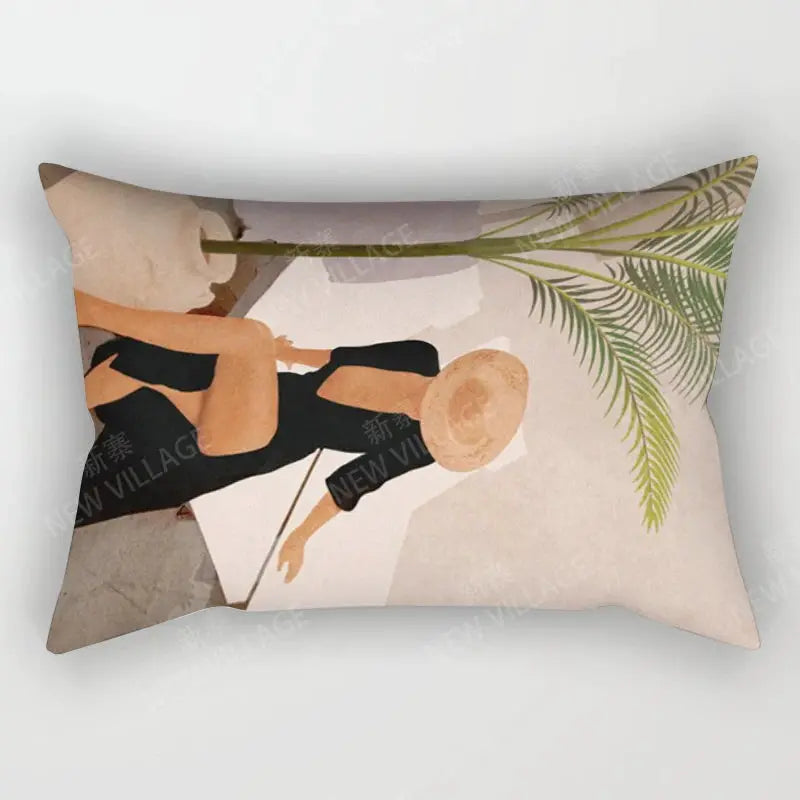 Throw pillow cover in beige abstract Nordic fall design with a figure in black, straw hat, and palm leaves.