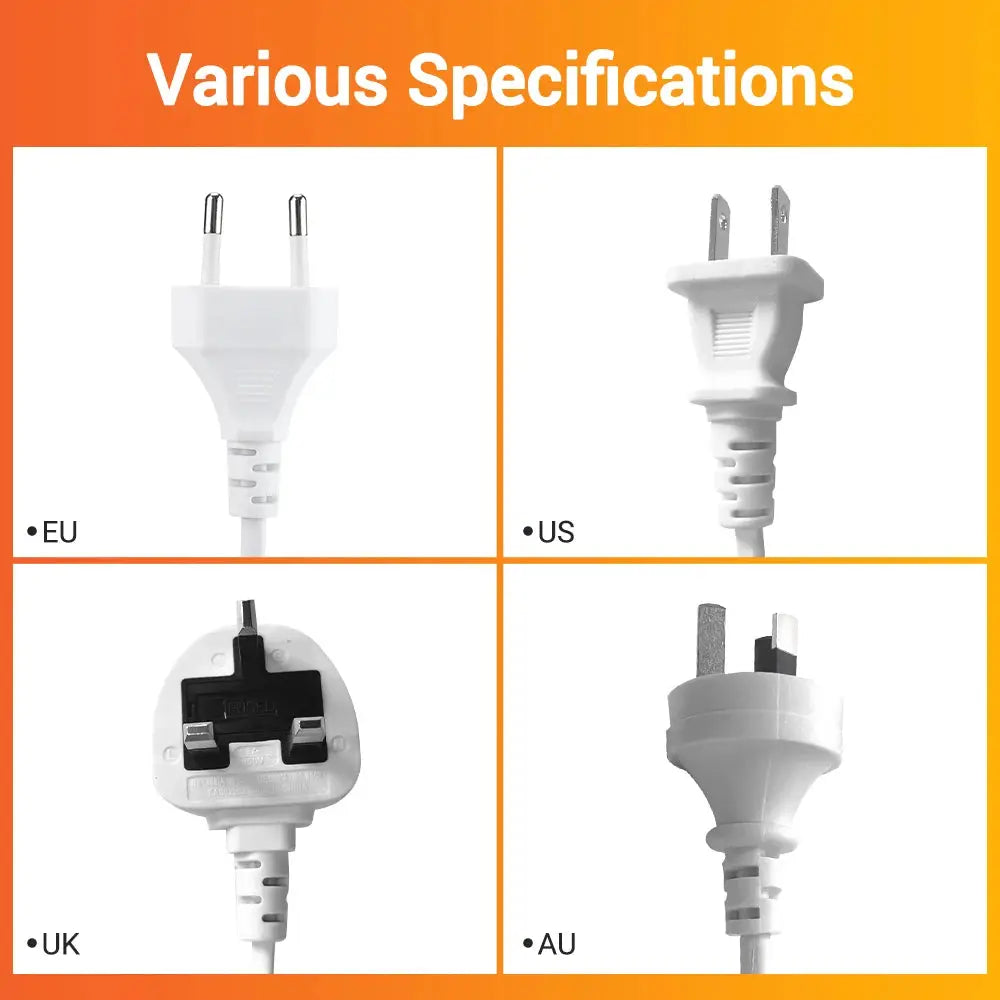Four white plug adapters showing EU, US, UK, and AU configurations.