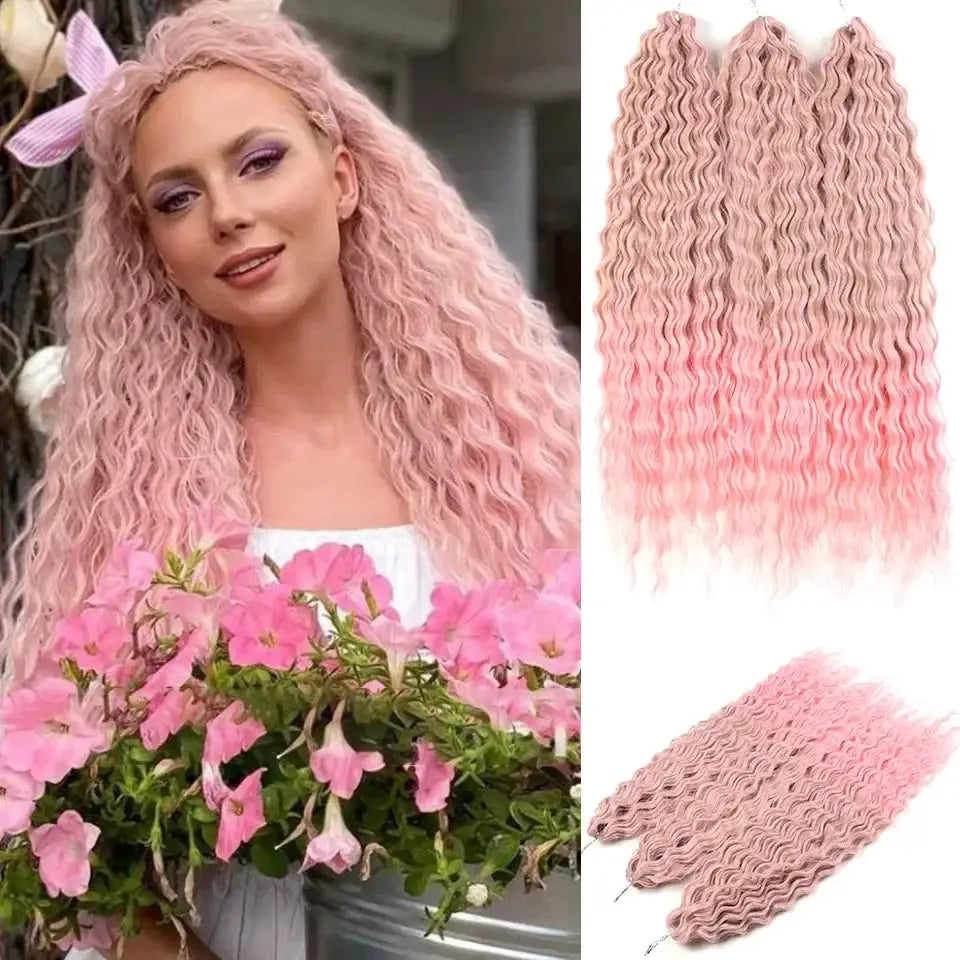Fashion Idol pink ombre crochet hair extensions by Simples Market, 3 bundles, 22in, synthetic Ariel curl water wave