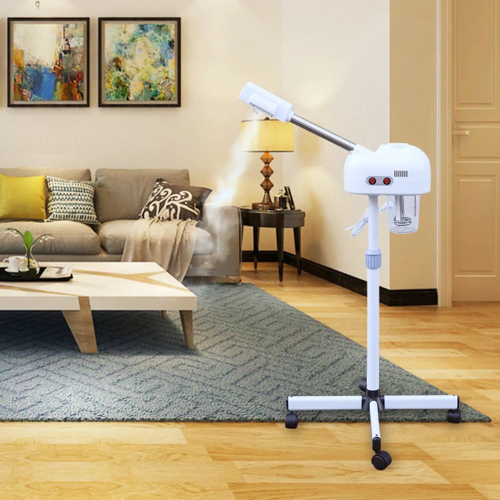 Simples Market Ozone Facial Steamer on a white wheeled metal stand in a living room
