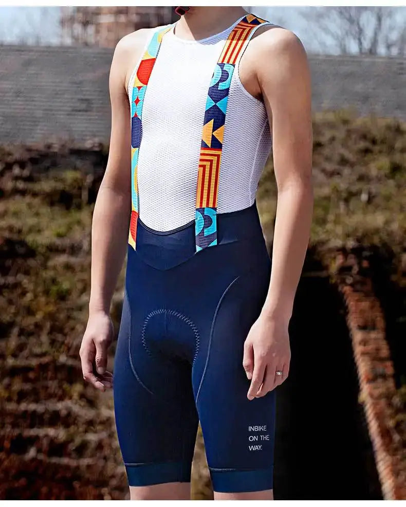 INBIKE men's cycling bib shorts with colorful straps, navy blue, breathable MTB/road riding shorts