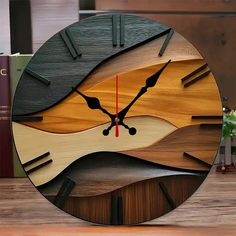 Nordic style fiberboard round 2D flat silent wall clock with multi-tone woodgrain dial