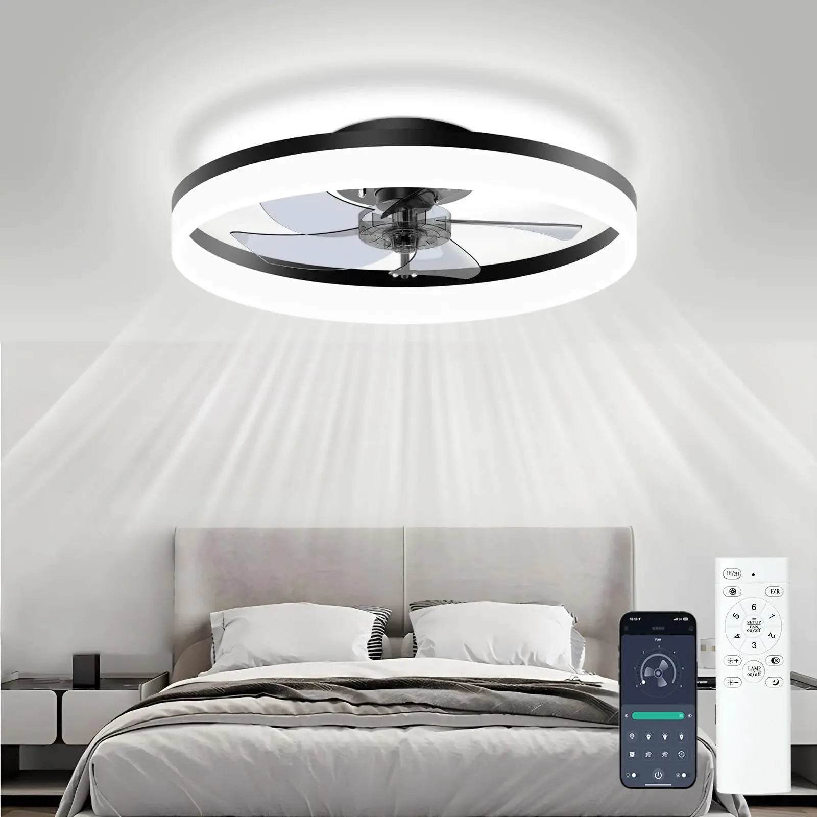Simples Market LED ceiling fan with remote control and app, white circular ring light and chrome blades in bedroom