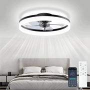 Simples Market LED ceiling fan with remote control and app, white circular ring light and chrome blades in bedroom