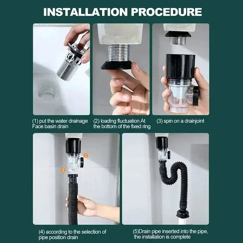 Universal flip stainless steel washbasin drain pipe by Simples Market; chrome metal with black anti-odor fittings