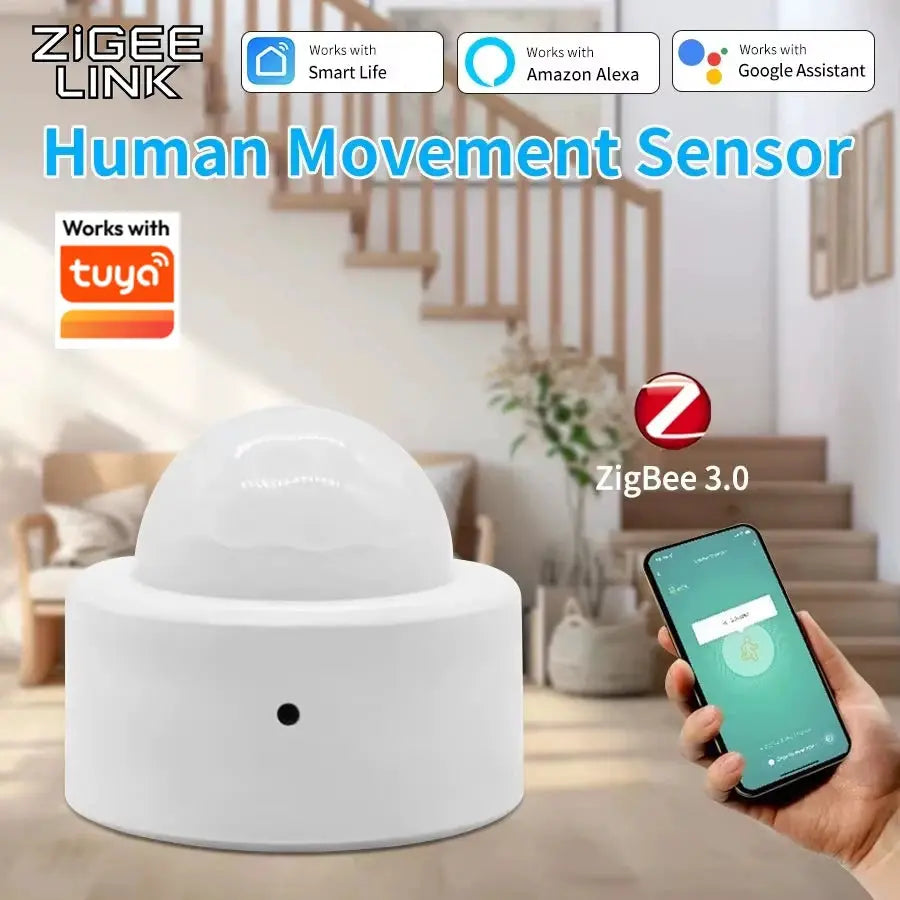White ZigBee PIR motion sensor with a dome infrared detector; works with Tuya Smart Life, Alexa, Google Assistant.