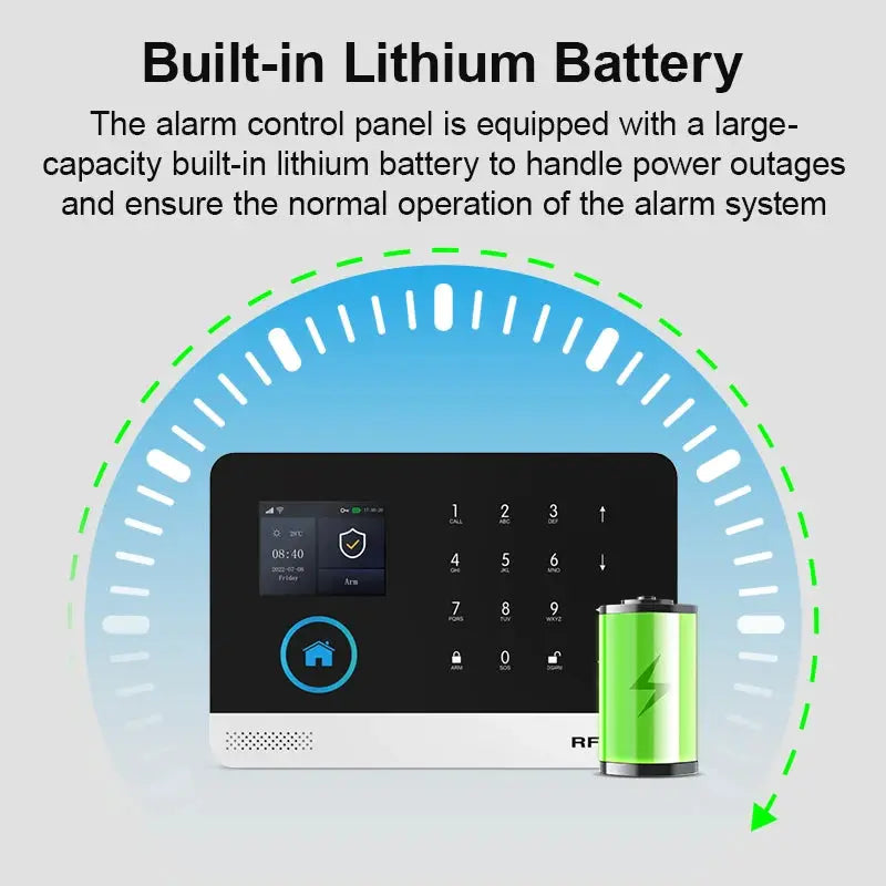 Wireless security alarm panel with built-in lithium battery and green battery icon