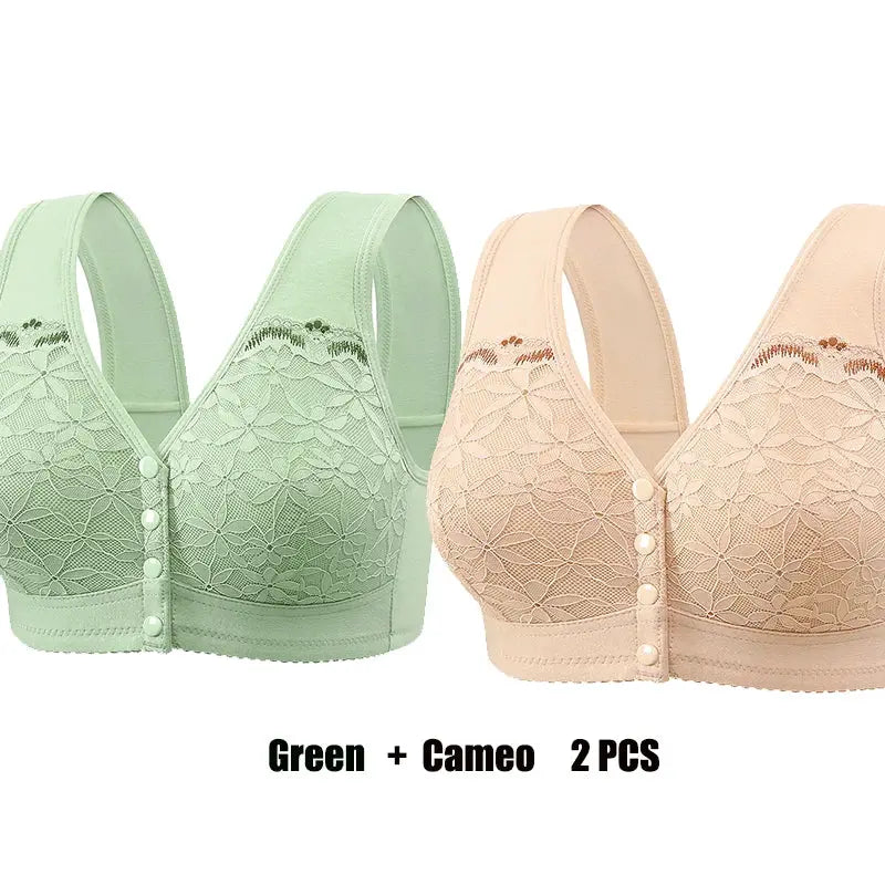 Two-piece lace front-buckle bra set in green and cameo, soft cotton, no underwire, XL