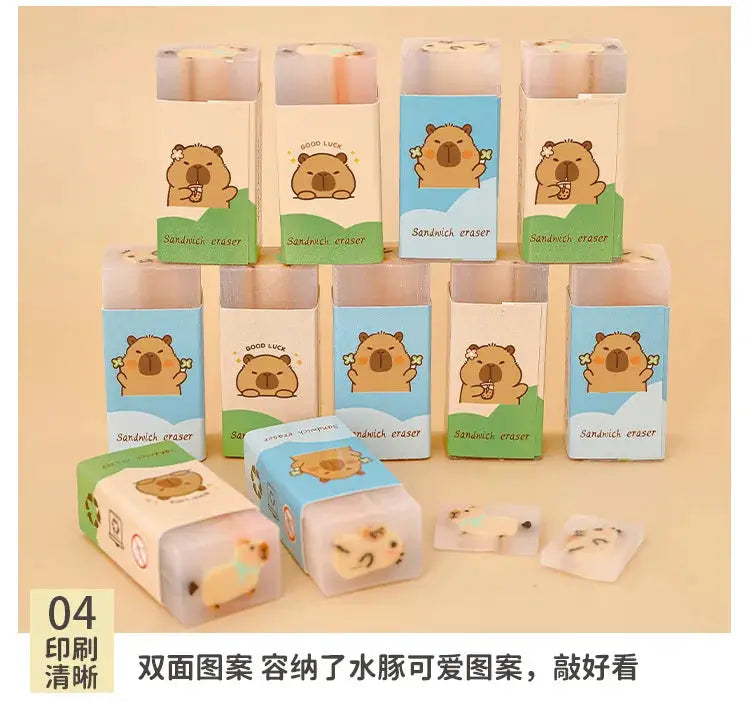 Capybara erasers set by Simples Market, 12 pastel-boxed cartoon sandwich erasers