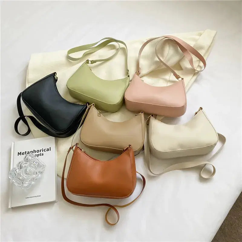 Simples Market square shoulder bags, 7 solid-color minibags in black, sage green, pink, beige, tan, cream, and brown