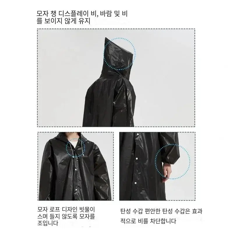 Premium EVA Unisex Raincoat 145 By 68 Cm Waterproof Thickened Rainwear For Men And Women Black Camping