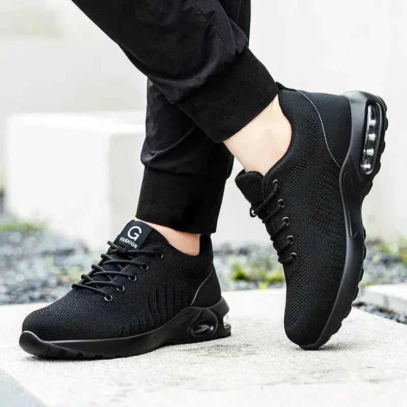 Air Cushion Work Safety Shoes for men and women, Simples Market, black breathable knit upper with heel air unit