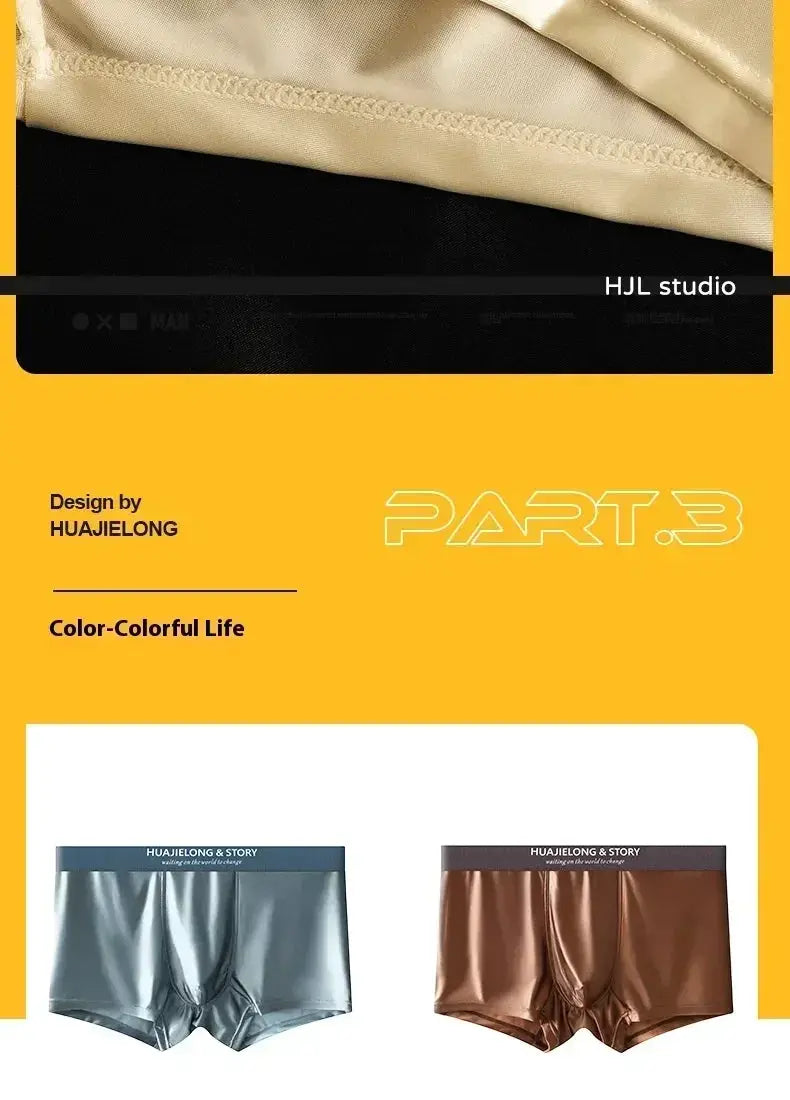 2 pairs of men's satin-like ice-silk boxer shorts by HUAJIELONG & STORY; blue-gray and bronze on yellow promo page