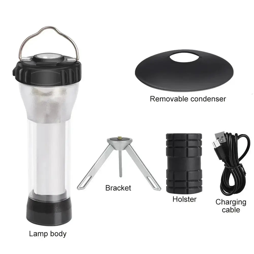 Portable camping light by Simples Market; 5-piece kit including lamp body, condenser, bracket, holster, USB cable