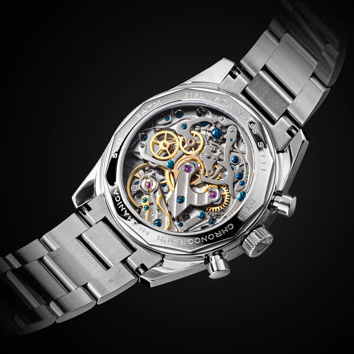 Sugess Mens Watch 38mm Chronograph skeleton movement, stainless steel bracelet, Simples Market