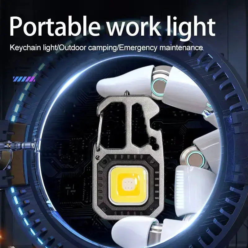 COB keychain work light, black housing with yellow LED module, rechargeable
