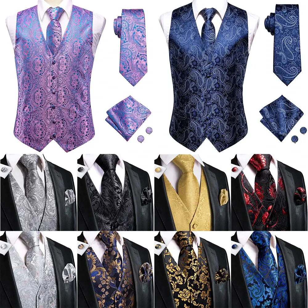 Men's wedding vest set with purple paisley waistcoat and matching tie; blue/green/red color options.