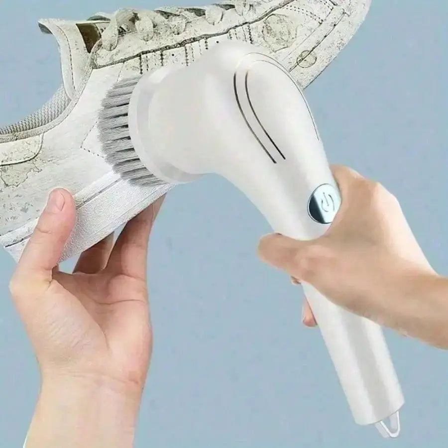 Electric cleaning brush with brush head, white handheld scrubber for bathroom and kitchen.