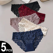 Soli Color 5 Piece Cotton Panties Set With Lace Floral Embroidery Mid Rise Breathable Briefs For Everyday Comfort