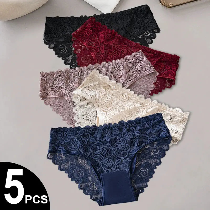 Soli Color 5 Piece Cotton Panties Set With Lace Floral Embroidery Mid Rise Breathable Briefs For Everyday Comfort