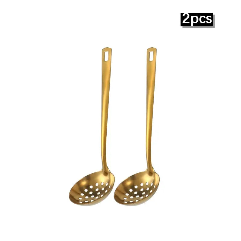 Two And Six Piece Stainless Steel Kitchenware Set Korean Golden Design Soup Spoon Colander Hot Pot Spoon Frying Spoon