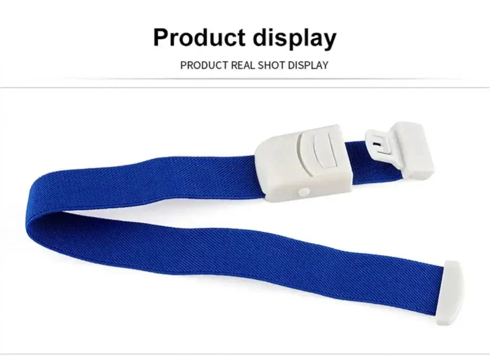 Tourniquet strap in blue with a white plastic buckle