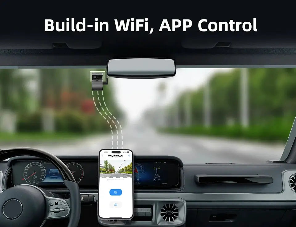2K dash camera for cars with WiFi app control, KAWA MINI 3, mounted on windshield.