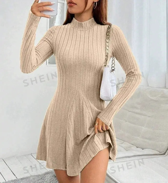 LuxeWeave Womens Slim Fit Dress With Half High Collar Cinched Waist Aline Pinstripe Long Sleeves For Autumn And Winter