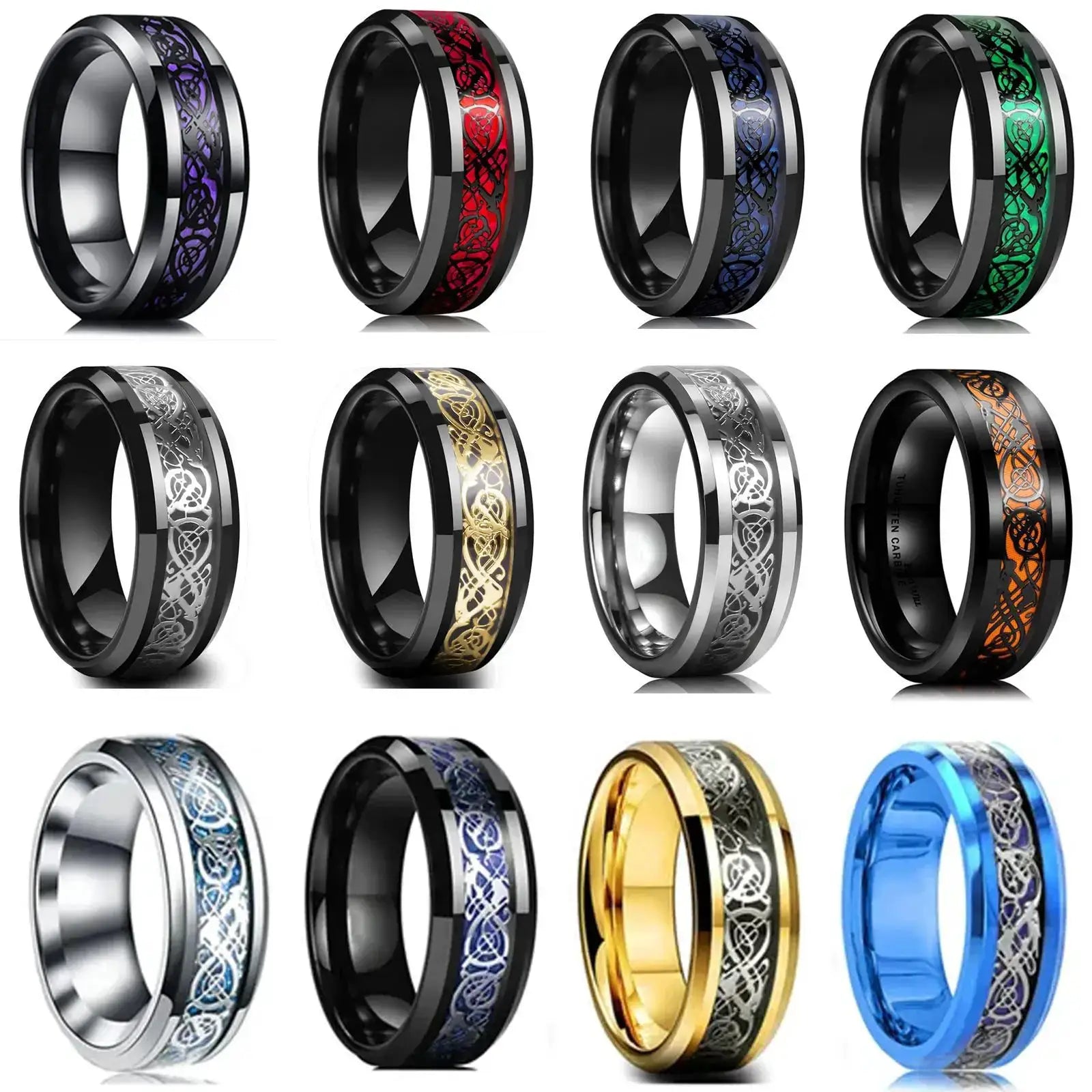 8mm black stainless steel Celtic dragon ring, unisex jewelry by Simples Market; shown in multiple color options.