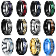 8mm black stainless steel Celtic dragon ring, unisex jewelry by Simples Market; shown in multiple color options.