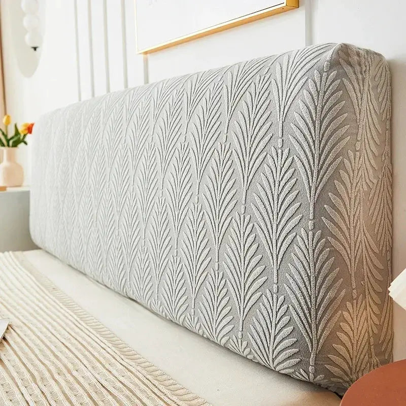 Bed headboard cover by Simples Market; grey jacquard backrest slipcover with leaf pattern