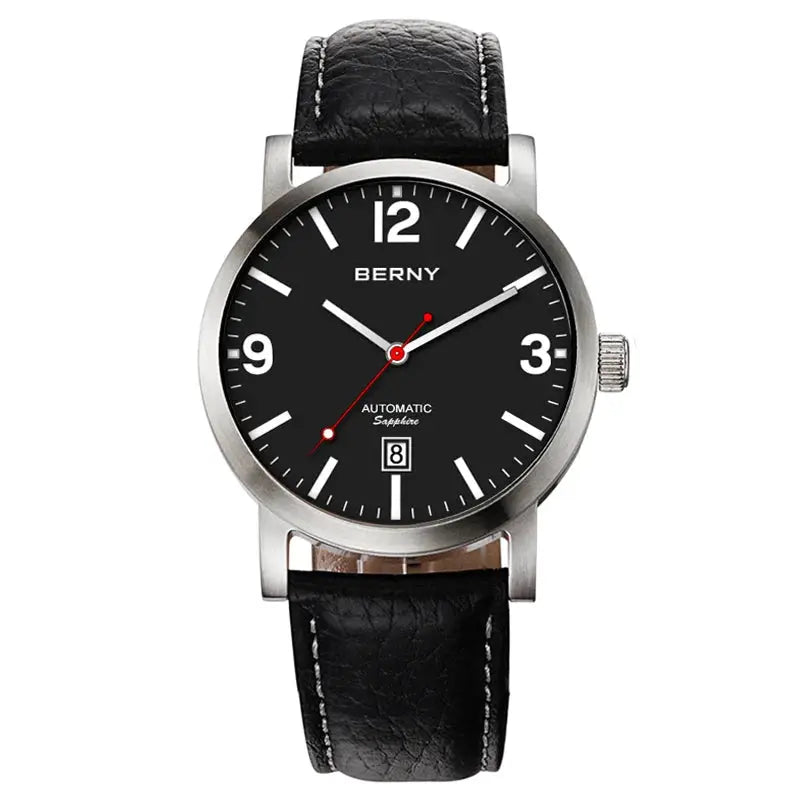 BERNY men's automatic watch with black dial and black leather strap