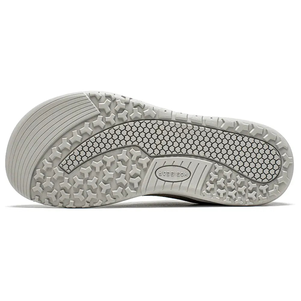 HOBIBEAR knit barefoot shoe sole in light gray with hex grip tread and branding