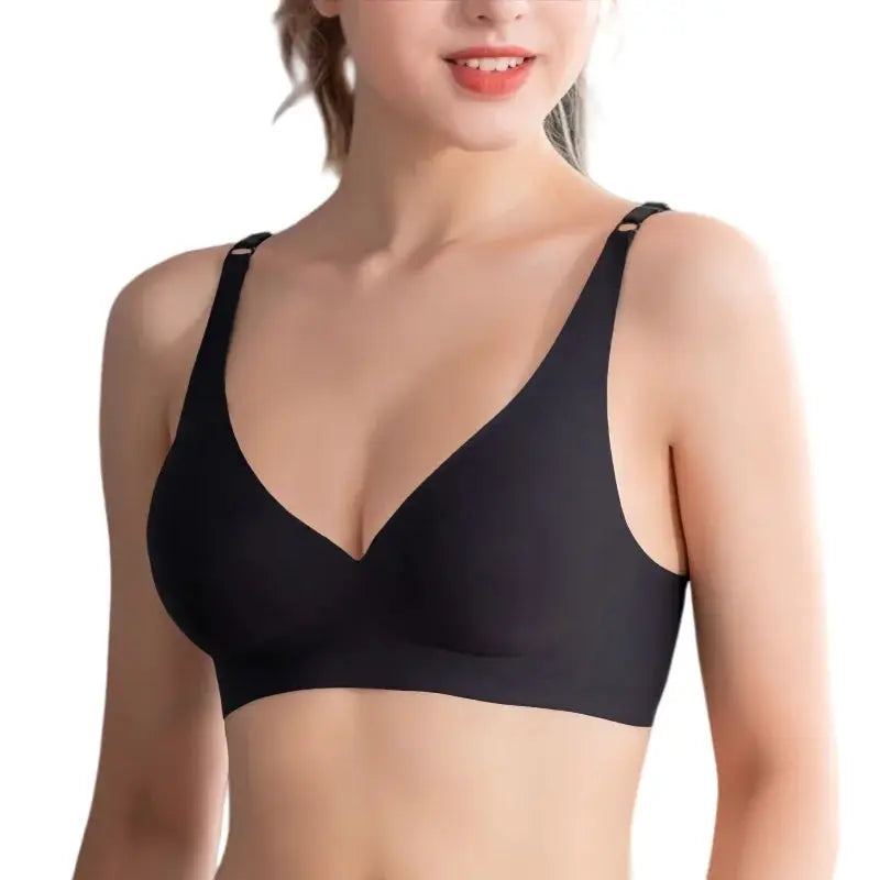 Push-up seamless bra for women, black V-neck bralette with removable pads and adjustable straps.