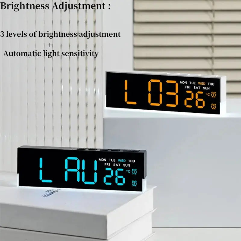 USB powered digital alarm clock with white mood light; two clocks shown with blue and orange LED displays