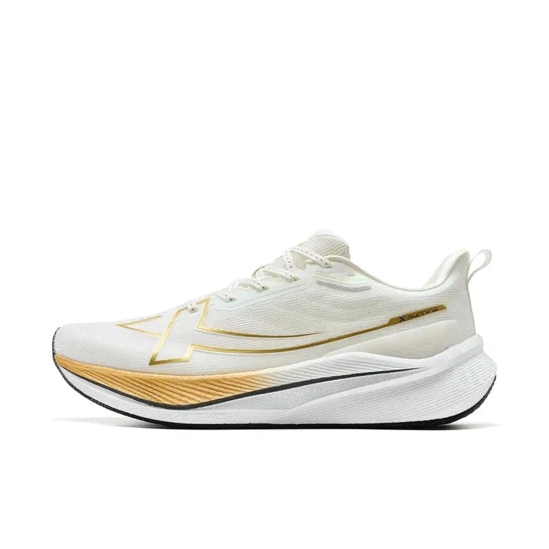 Xtep men's running shoes white with gold accents, lightweight cushioned training sneakers