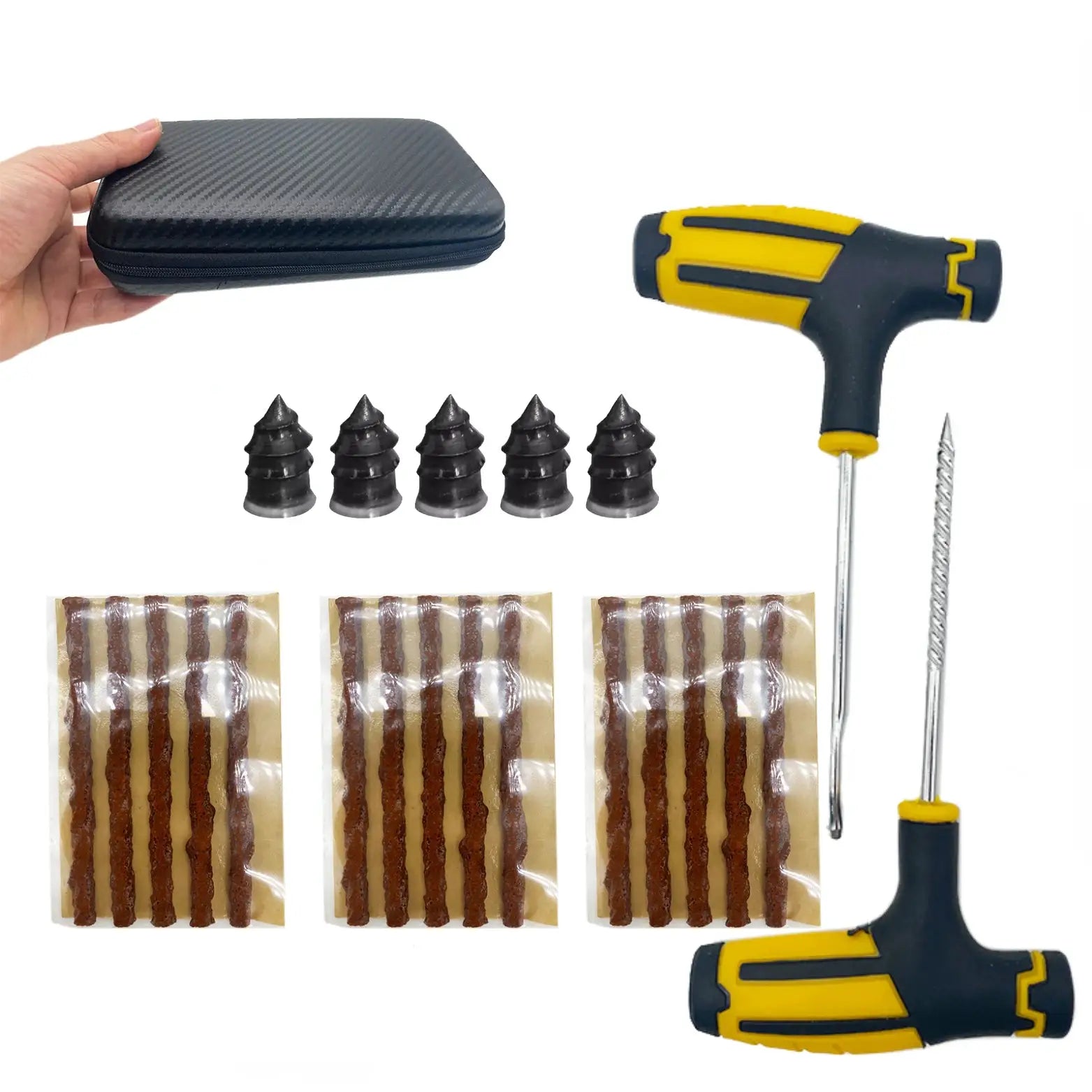 ZFOUEK auto tire repair kit by Simples Market; yellow/black T-handle repair tool, 6 rubber plugs, 4 strip packs, case