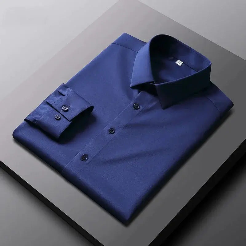 Men's navy blue long-sleeve dress shirt by Simples Market, solid color, wrinkle-resistant, non-iron.