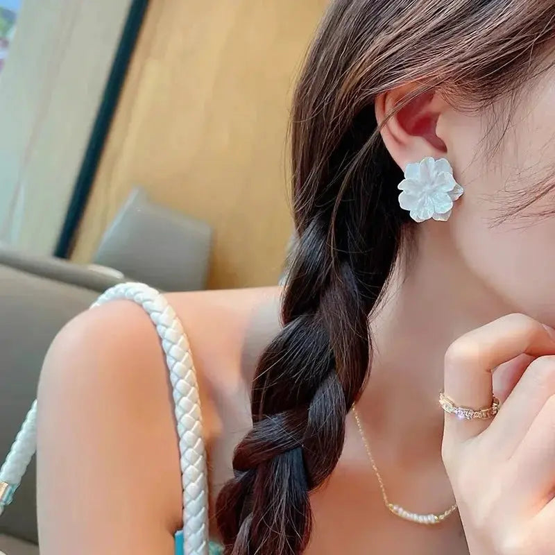 White flower stud earrings for women, camellia-style fashion jewelry